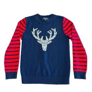 Lands’ End Deer Sweater Size Medium (10-12) Navy Blue/Red